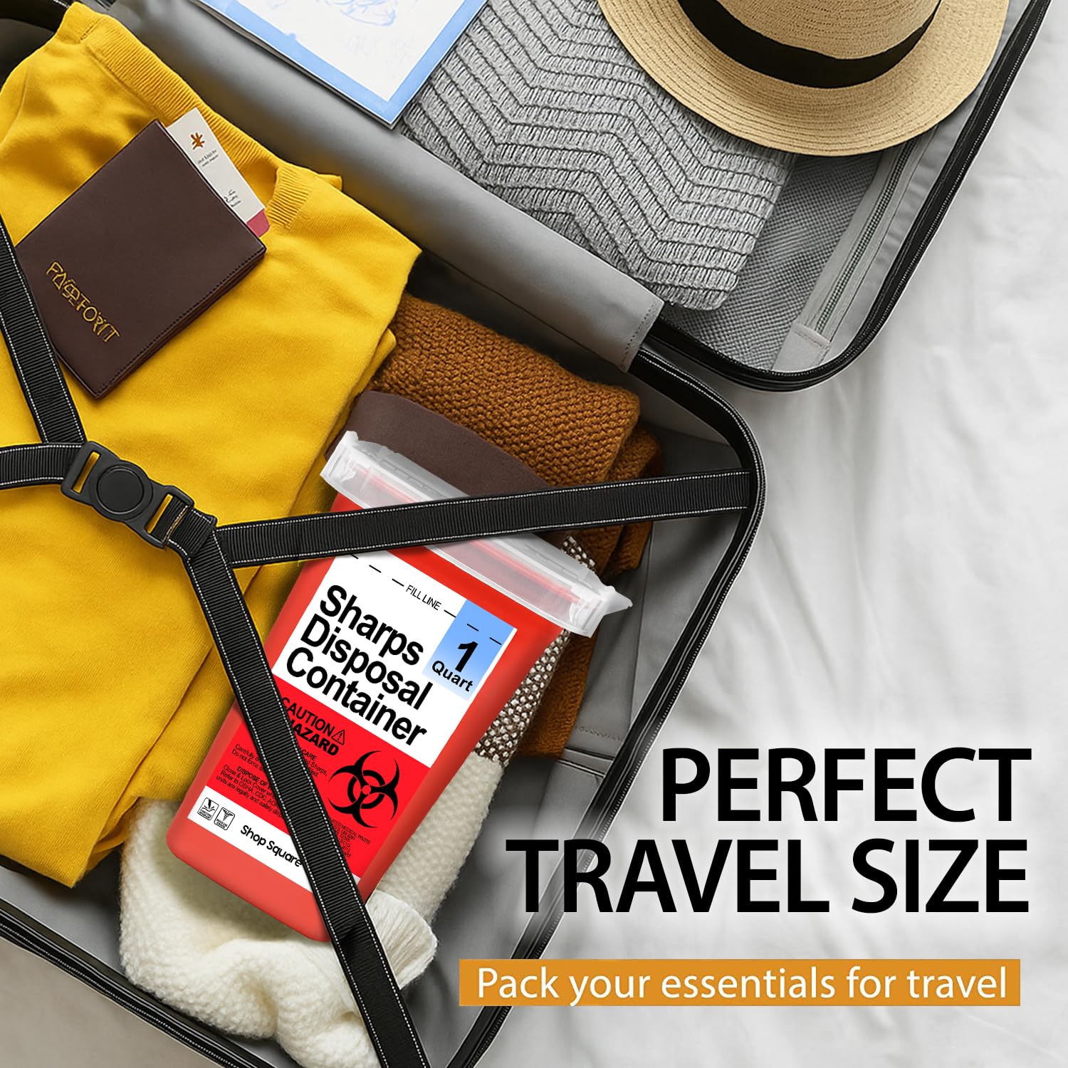Lightweight, travel-ready sharps disposal box for home or clinic