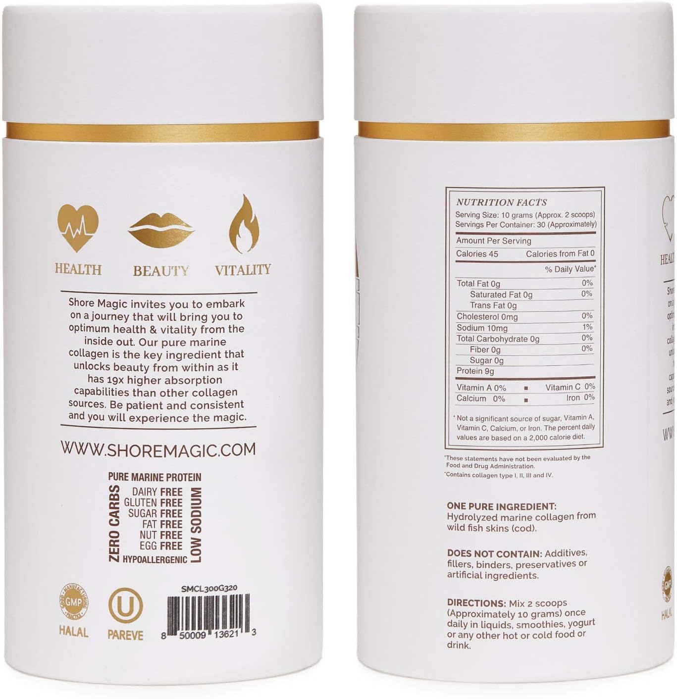 Shore Magic Collagen Powder scoop highlighting convenient 9g serving for daily use.