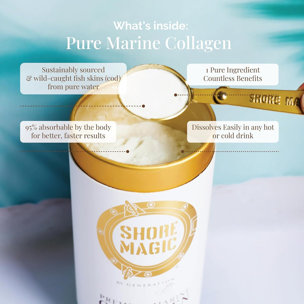 Shore Magic collagen powder 9g serving supports convenient daily protein intake.