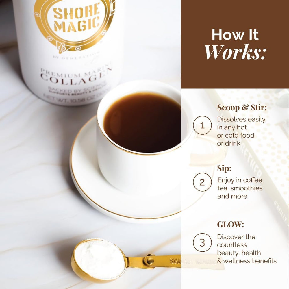 Shore Magic collagen powder in smoothie blends easily into meals.