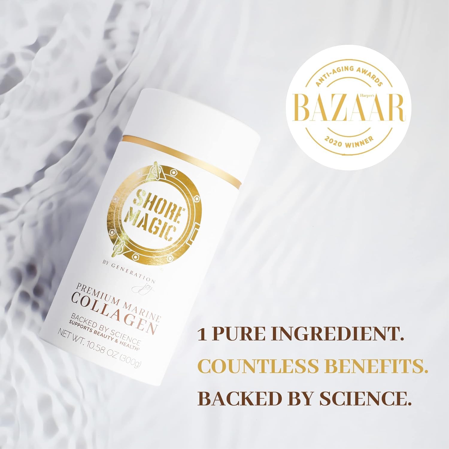 Shore Magic marine collagen powder packaging back-label highlights wild fish origin.
