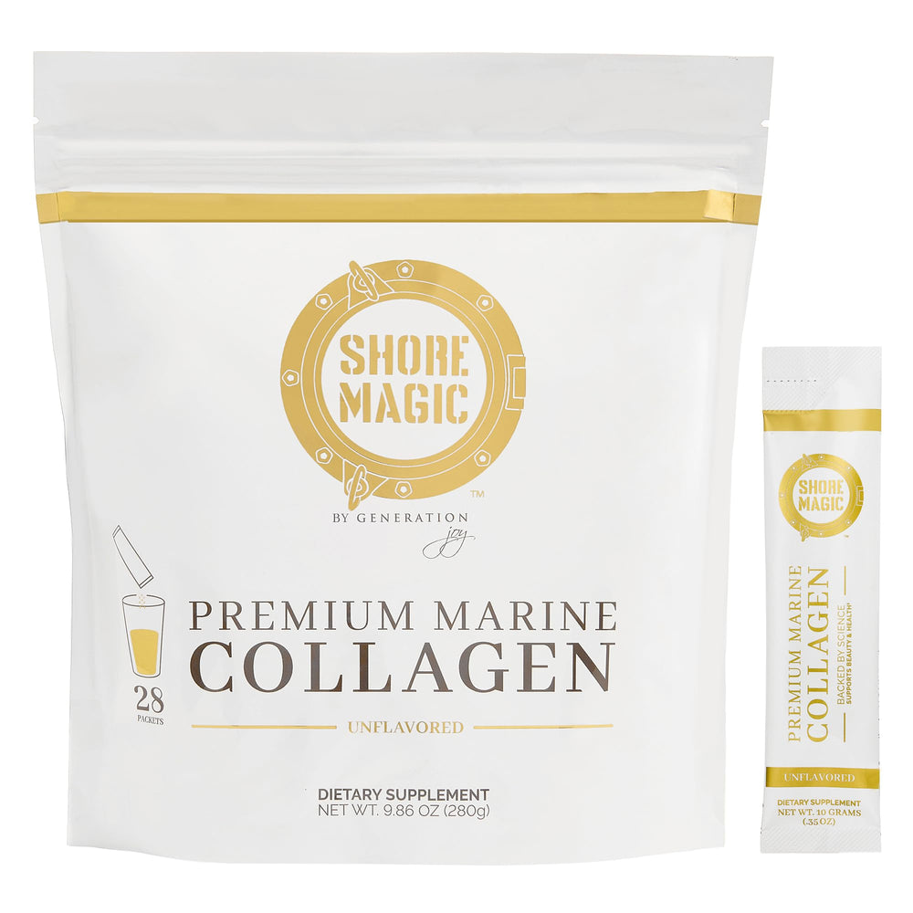 Shore Magic Premium Marine Collagen bottle front showing unflavored formula for daily use