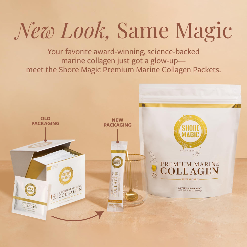 Shore Magic Premium Marine Collagen packets collection for convenient on the go dosing