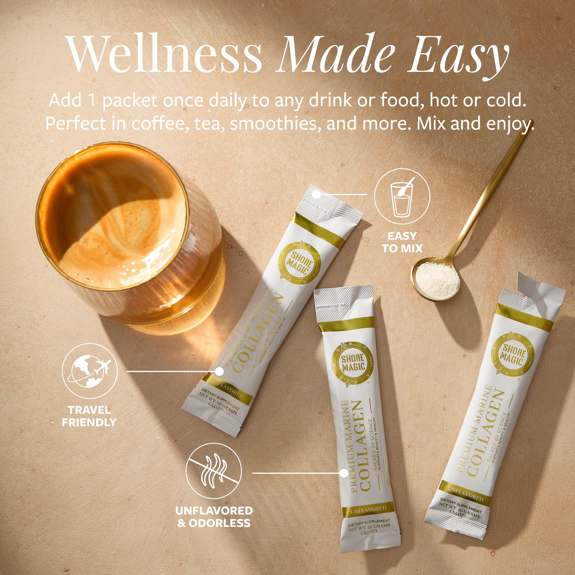 Shore Magic Premium Marine Collagen unflavored formulation blends seamlessly into beverages