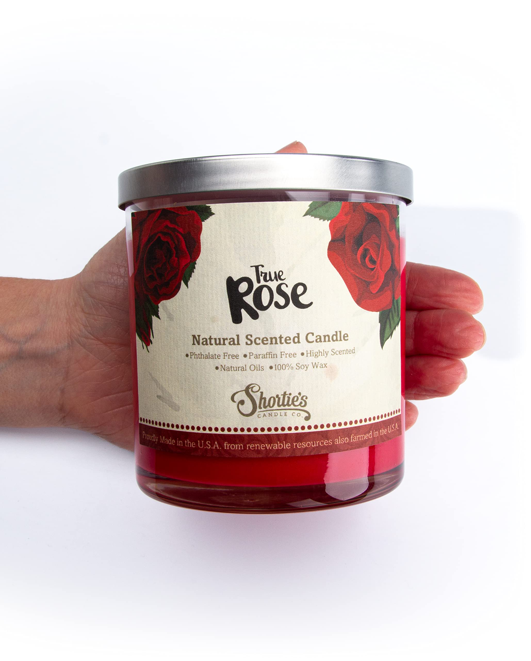 Shortie's True Rose natural soy wax delivers clean burn and strong fragrance.
