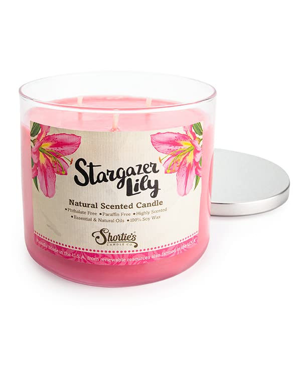 Shortie's Stargazer Lily 3-wick candle emits a bright flame for room-filling aroma.