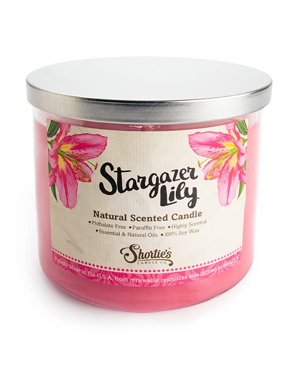 Shortie's Stargazer Lily candle highlights soy wax purity for a clean-burning experience.