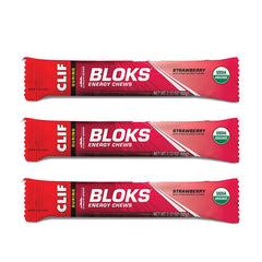 Shot Bloks Strawberry energy chews 3-pack box provides quick cycling fuel