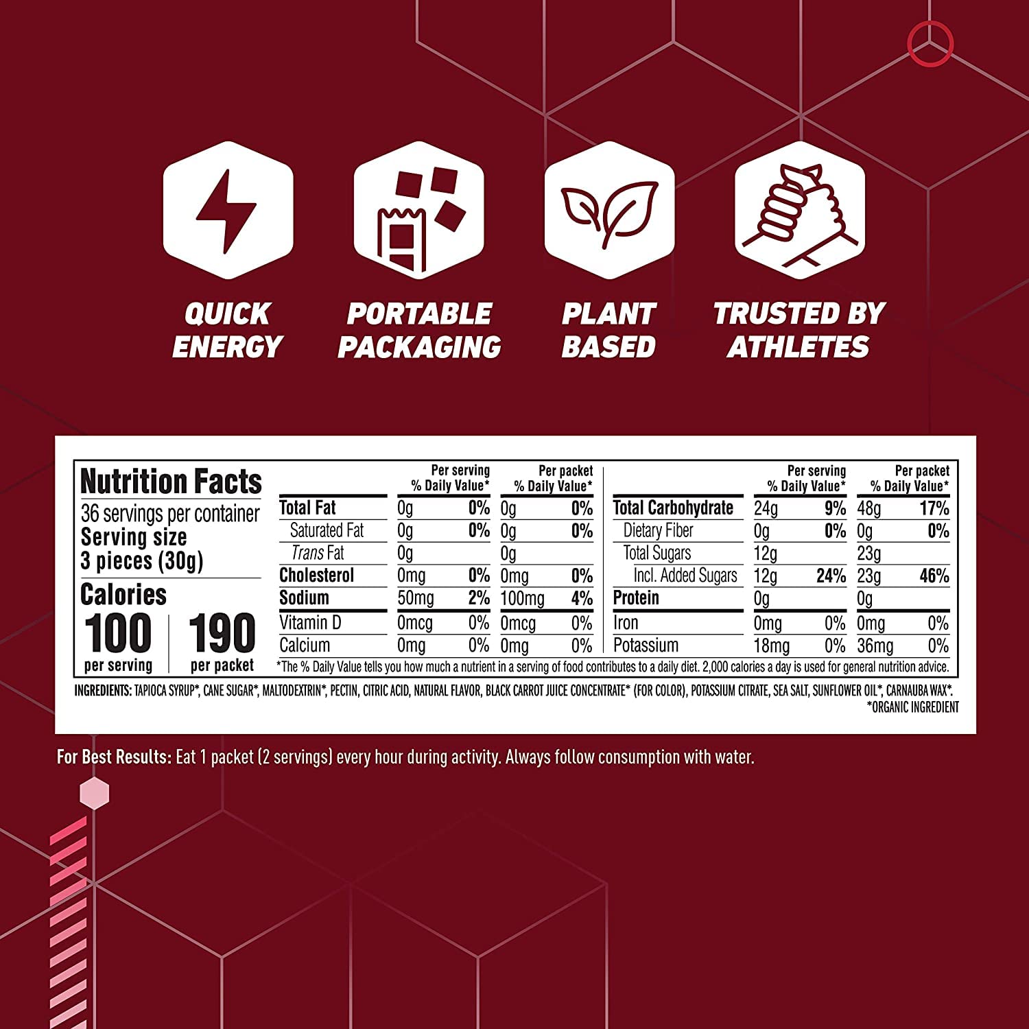 Shot Bloks Strawberry energy chews ingredient label indicates plant based Non-GMO flavor
