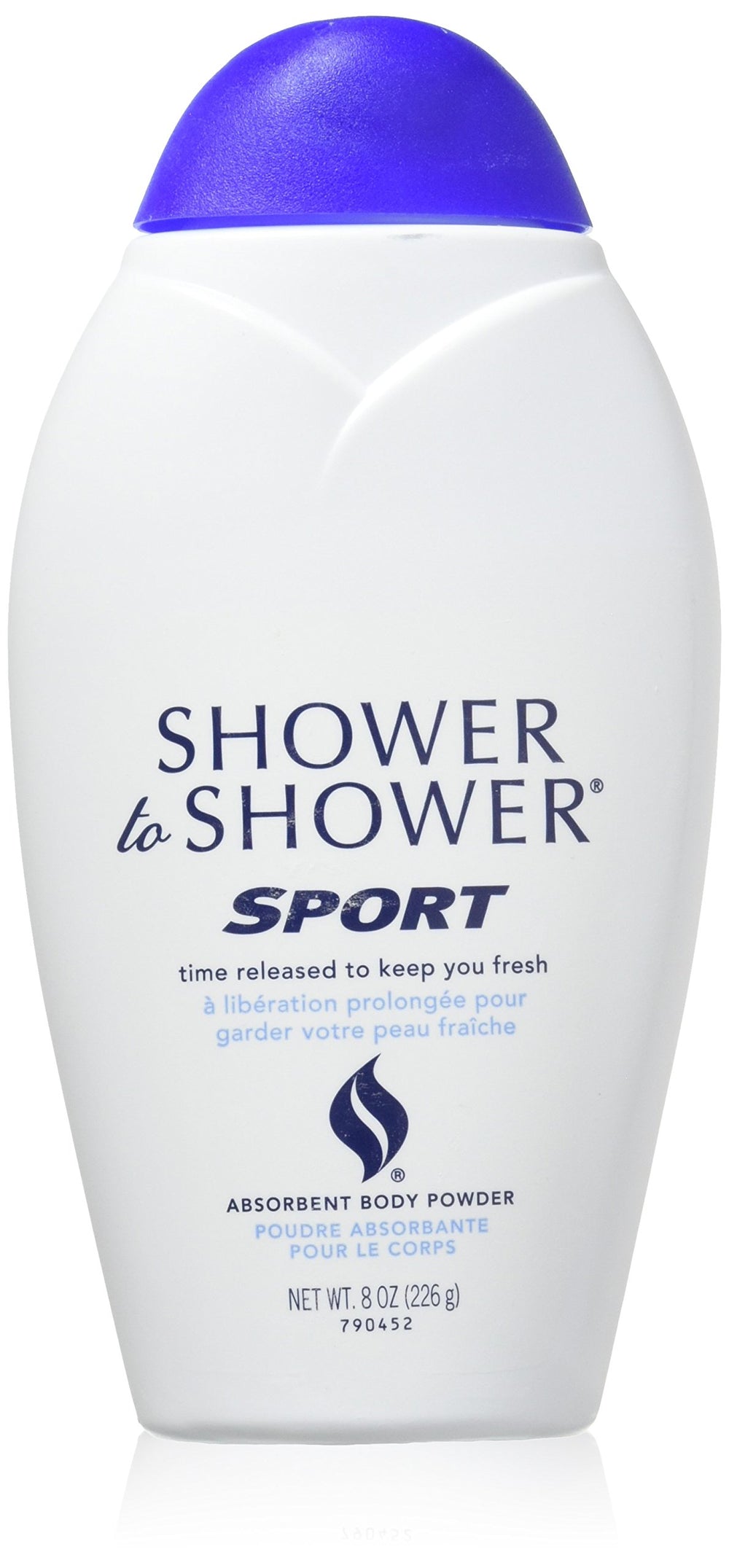 Shower To Shower Sport Body Powder bottle shows talc-free formula for all-day moisture control during workouts
