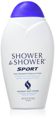 Shower To Shower Sport Body Powder bottle shows talc-free formula for all-day moisture control during workouts