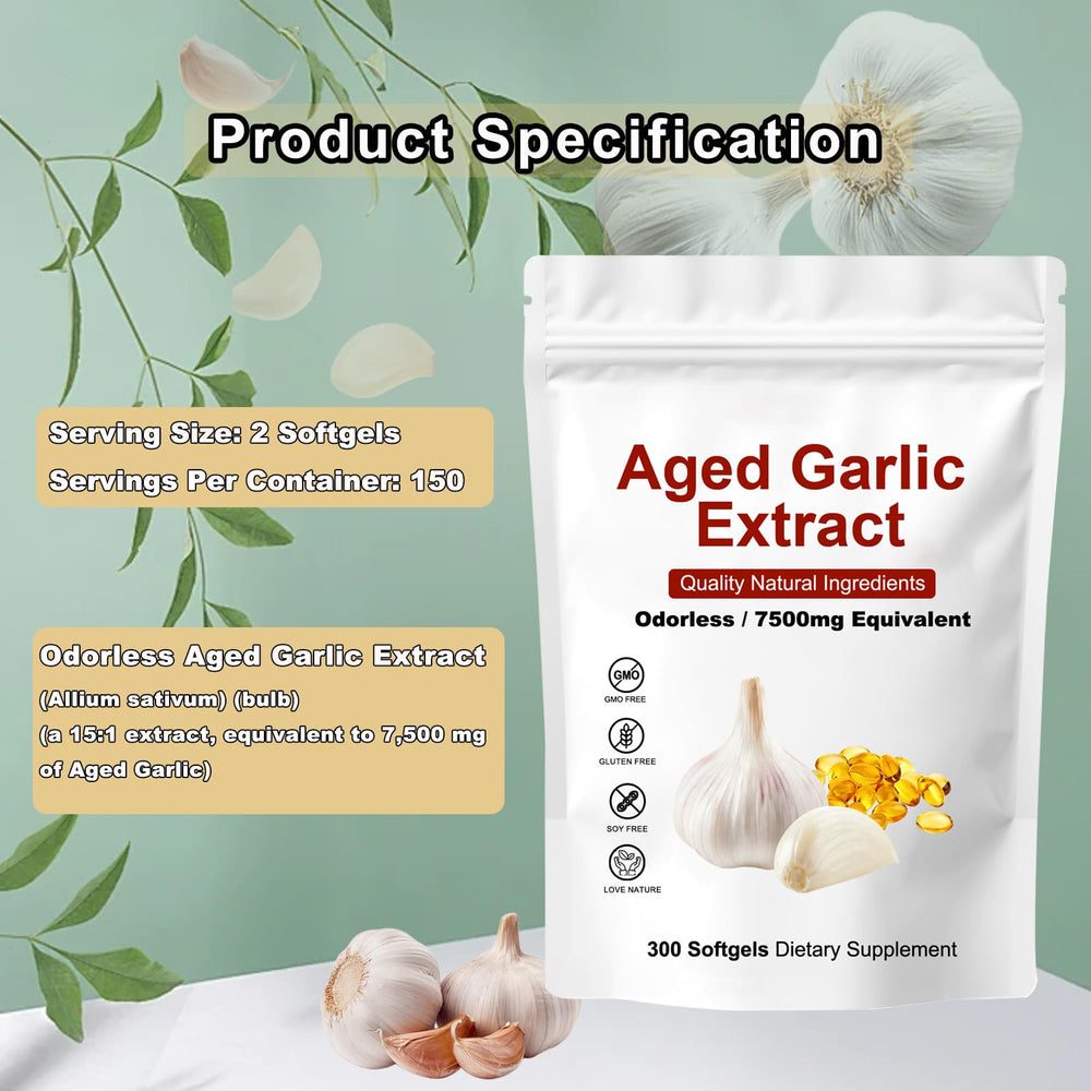 Shrandi Elare softgels closeup showing 7500mg equivalent aged garlic
