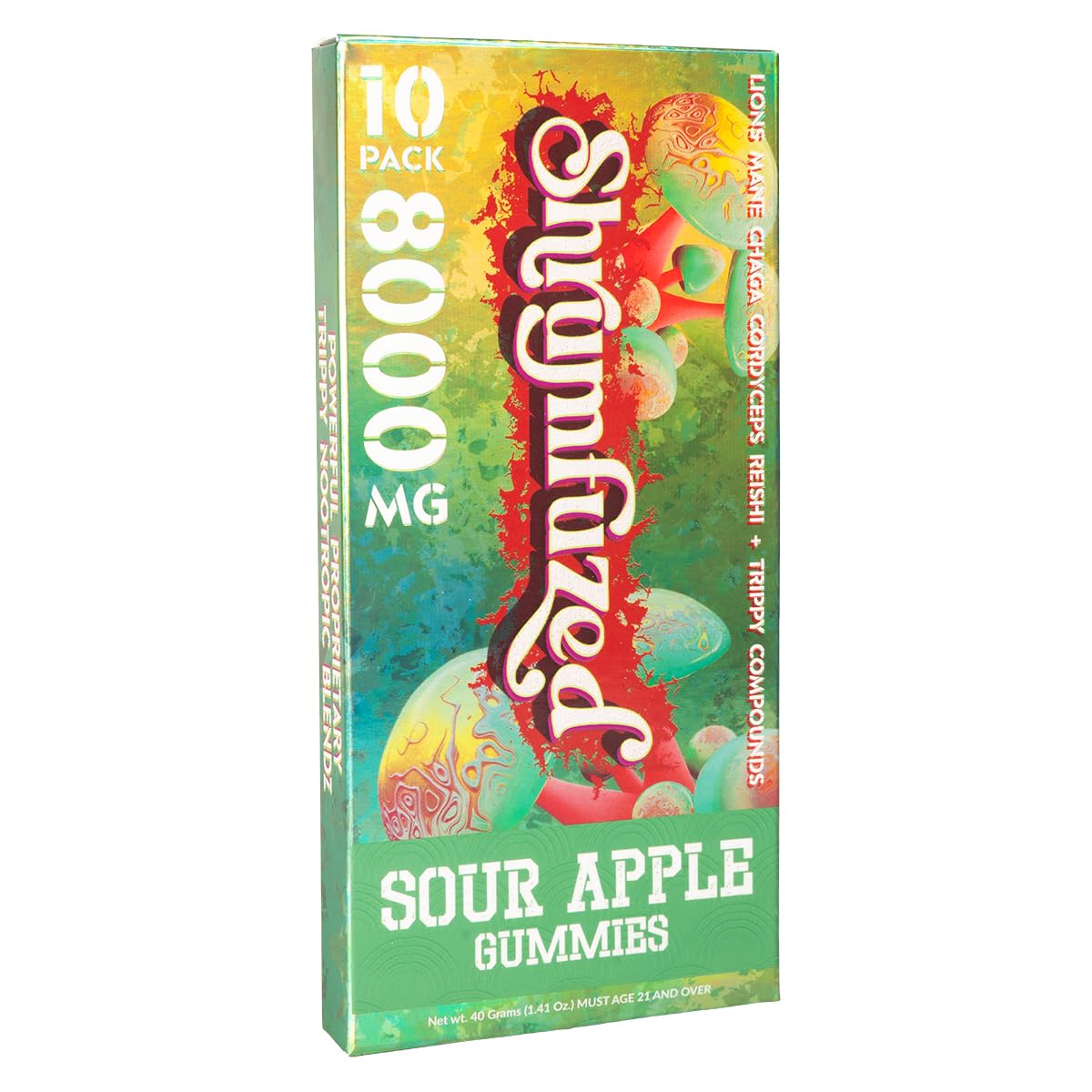 Shrumfuzed gummy close-up highlights Lion's Mane and Reishi for sustained energy.