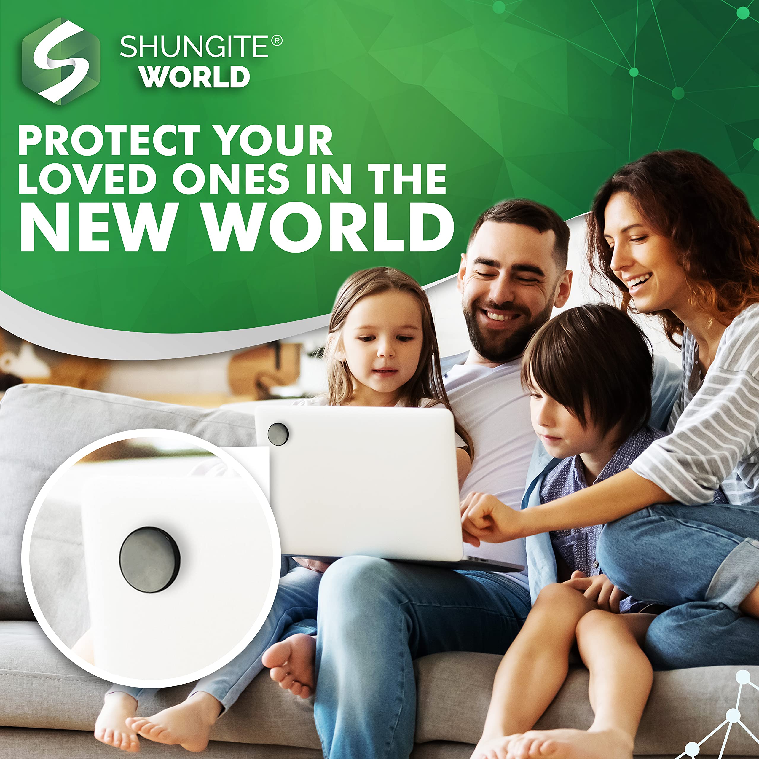 Shungite World natural-grain texture sticker shows authentic material on device