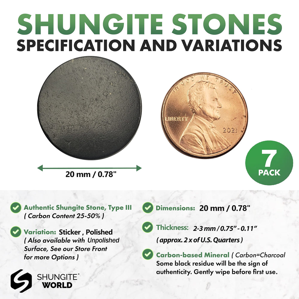 Shungite World polished 20mm stickers closeup on gadget for calm environment