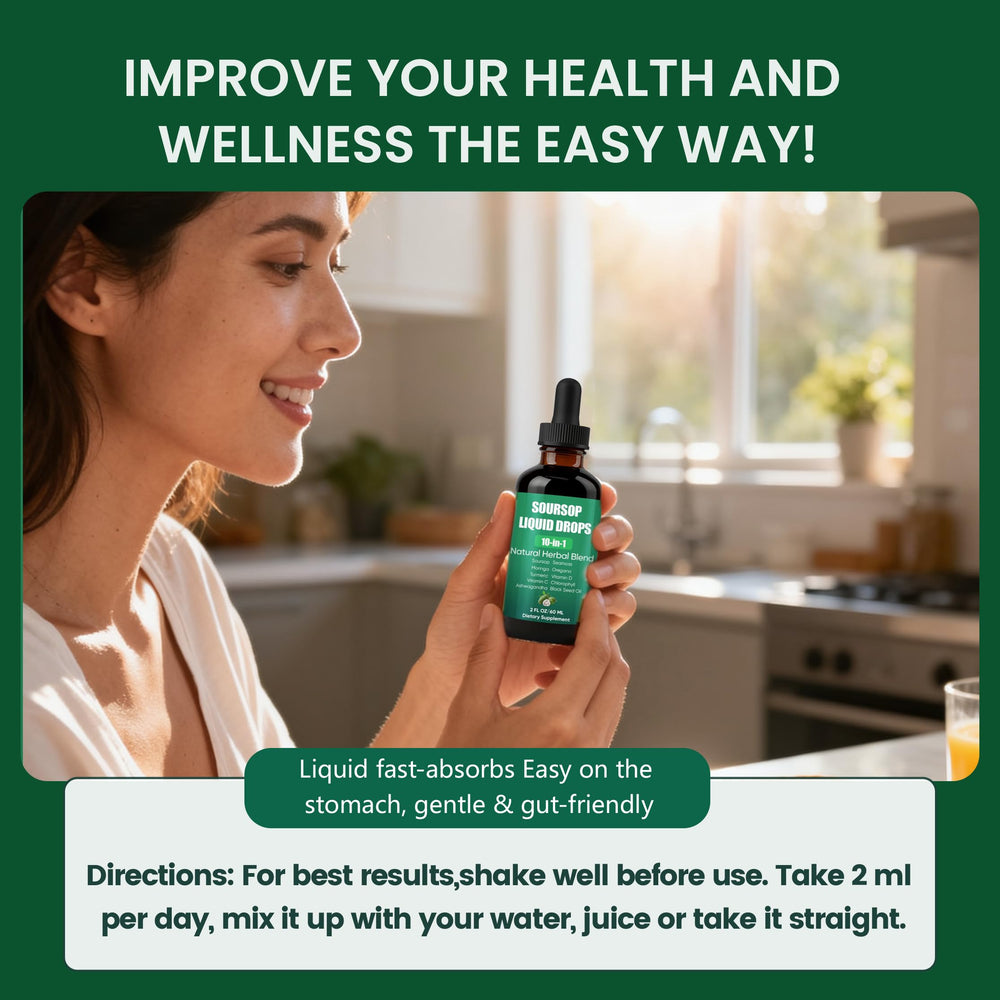 Shwfhi Soursop 10-in-1 bottle with measuring dropper supports easy dosing.