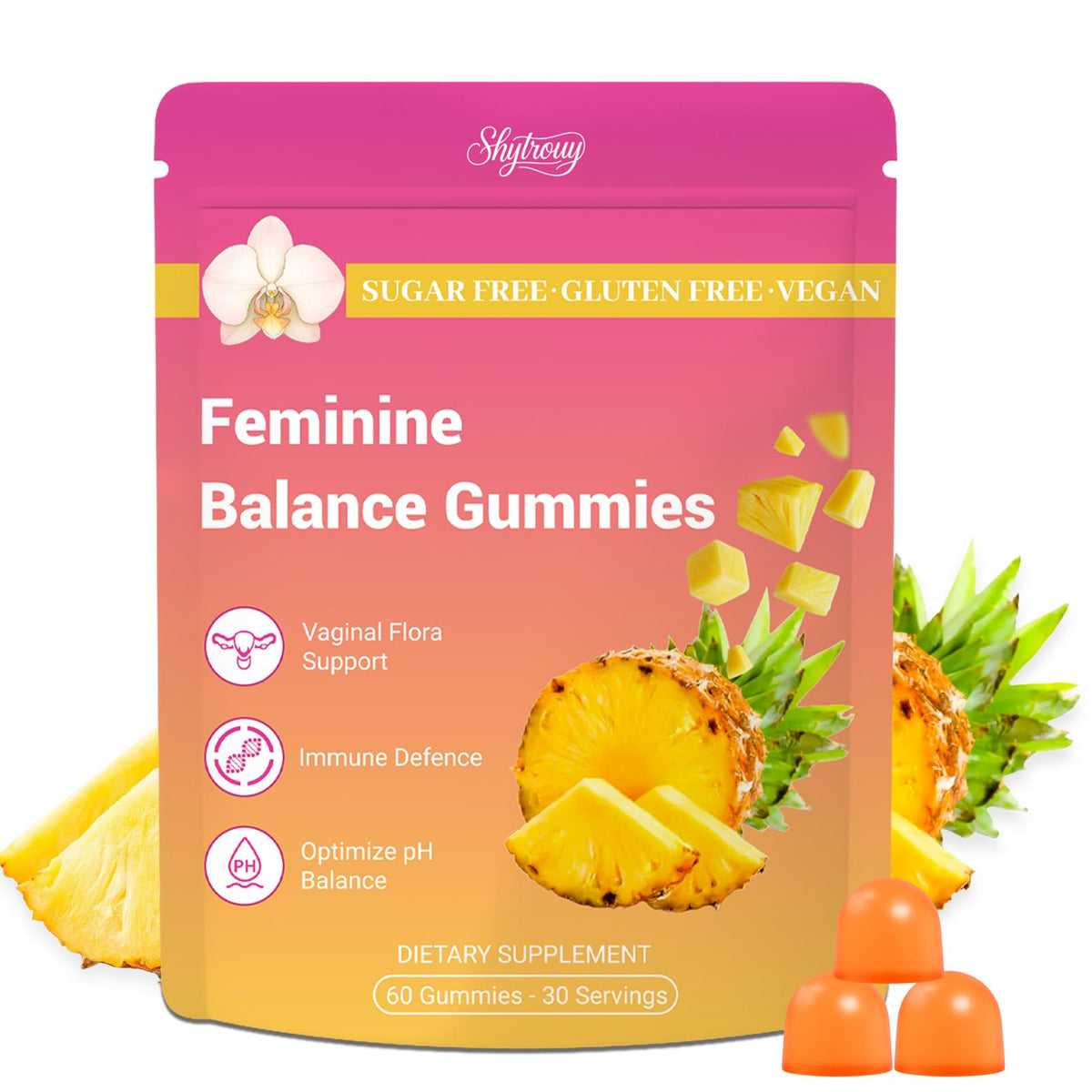 Shytrouy Premium Feminine Balance Gummies bottle for discreet daily pH-friendly support.