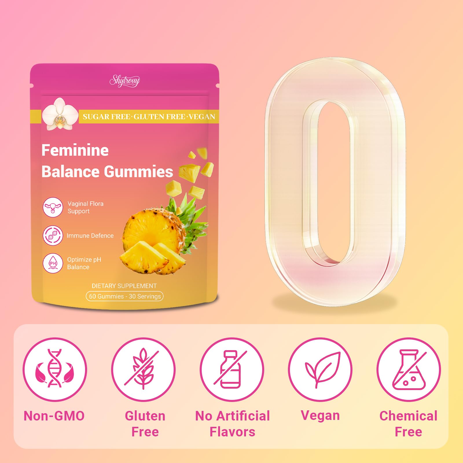 Shytrouy pineapple-flavored gummies emphasizing fruity taste and daily use.