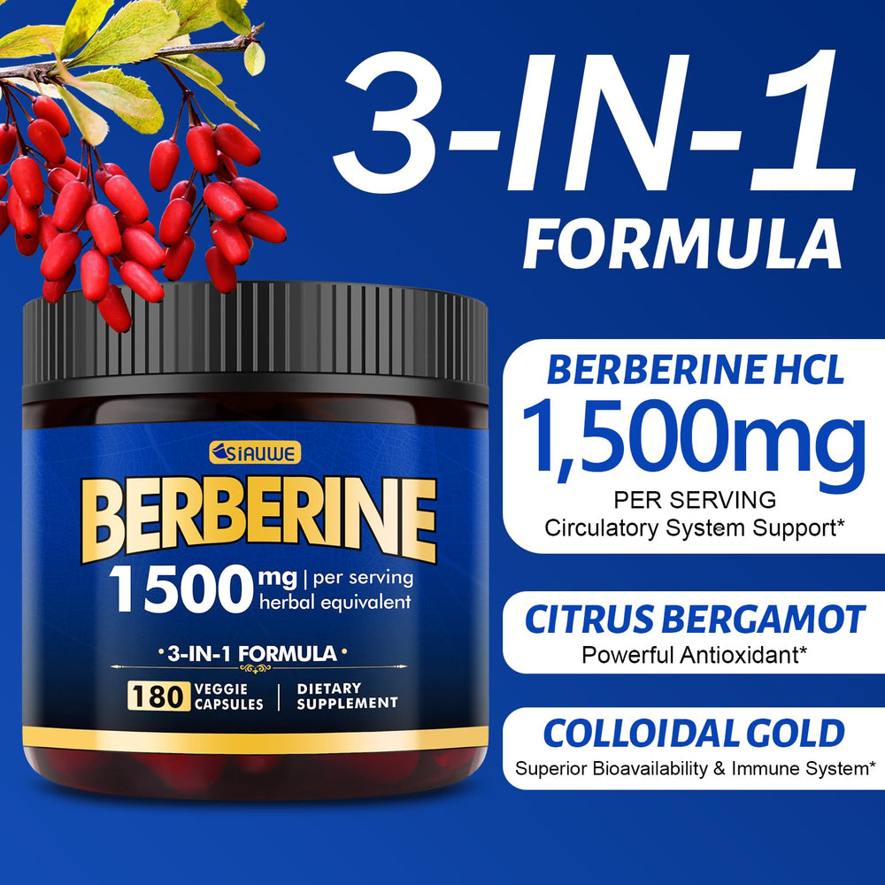 SIAUWE Berberine bottle with vegan-friendly labeling and ingredients.