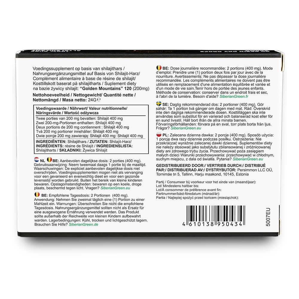 Siberian Green Shilajit Dry Drops ingredients; gluten-free, non-GMO, no soy.