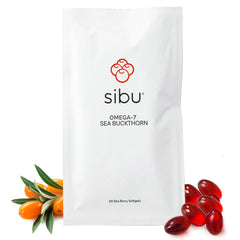 Sibu Sea Buckthorn Omega-7 softgels bottle front showing a convenient daily skin and wellness support option.