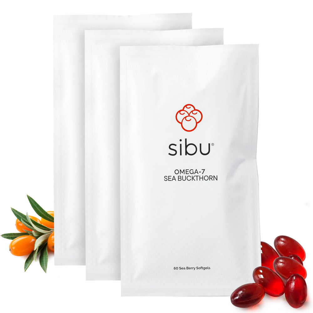 Sibu Sea Buckthorn Omega-7 softgels bottle for skin support