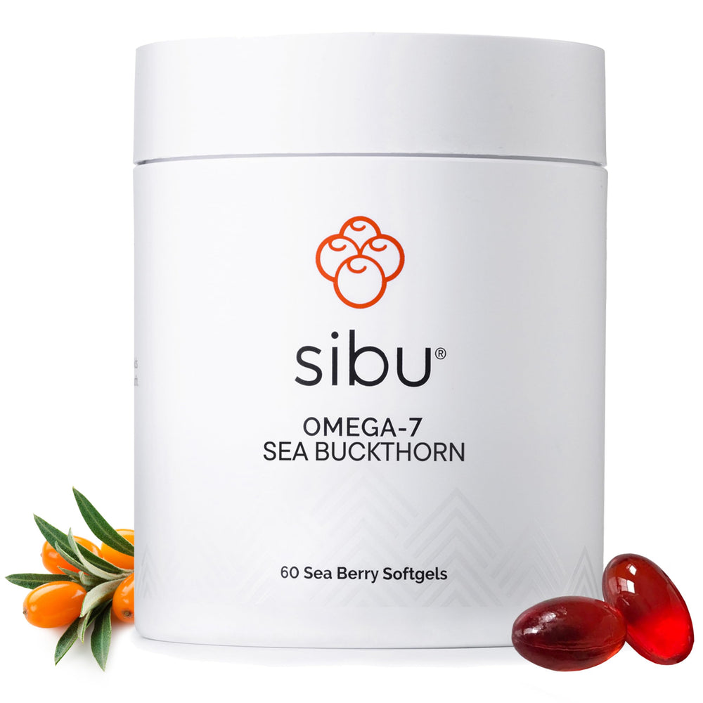 Sibu Sea Buckthorn Omega-7 softgels bottle, 60-count starter kit for daily wellness.
