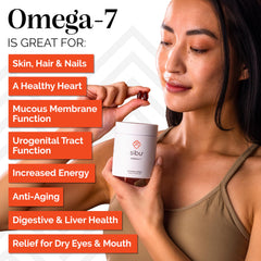 Close-up of Sibu Omega-7 softgels showing capsule texture and oil content.