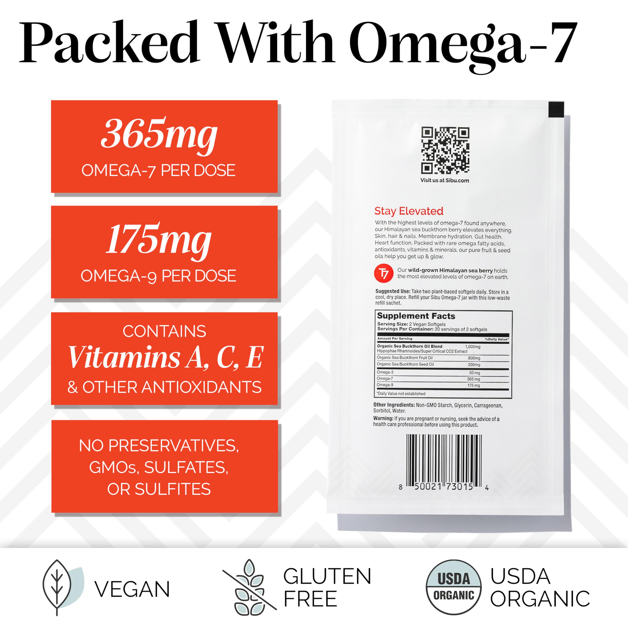 Sibu Omega-7 facts highlight Omega-7 and essential vitamins