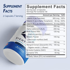 SightCare ingredients panel with vitamins A, E, B12 promotes normal visual function.