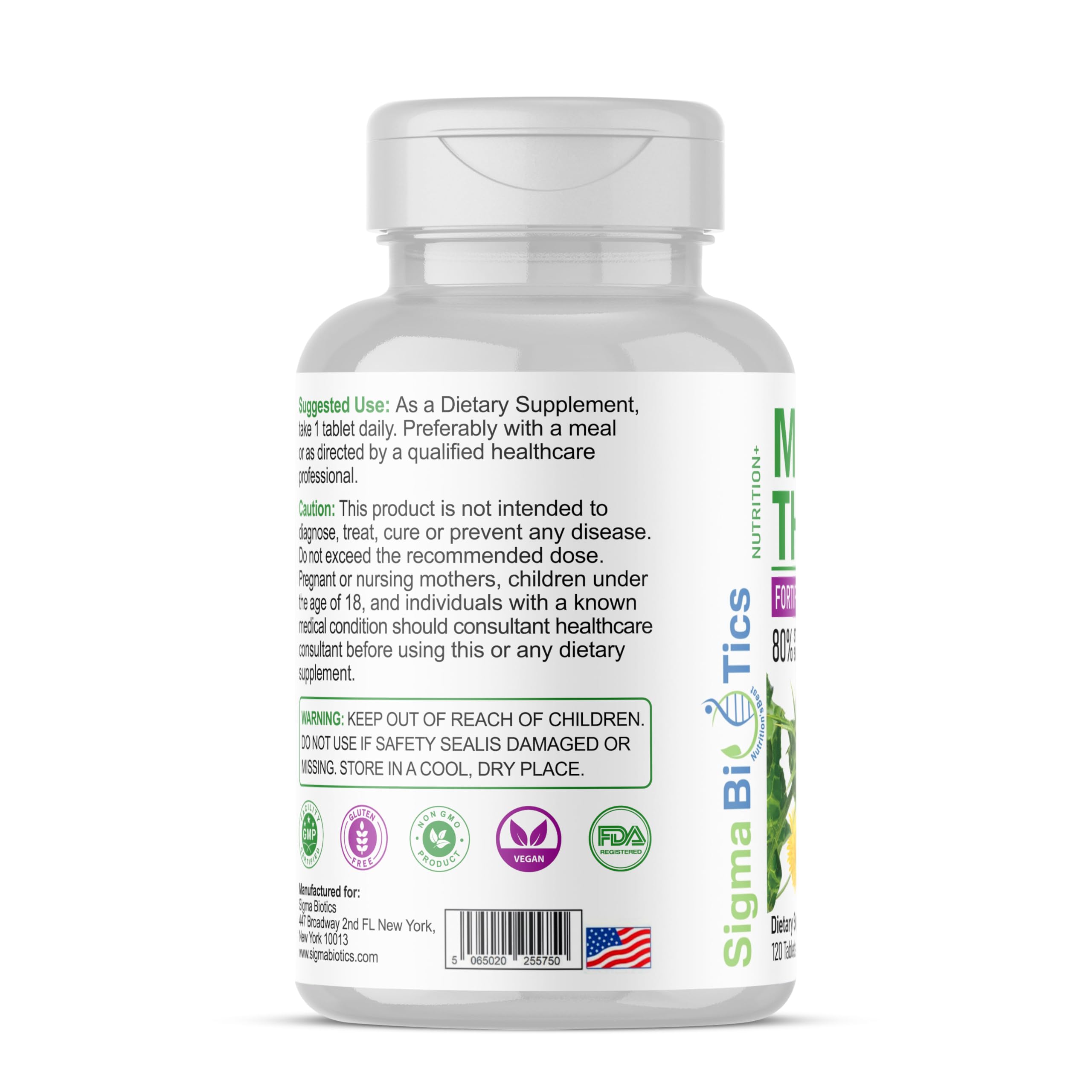 SigmaBiotics Milk Thistle with dandelion and turmeric ingredients close-up shows detox support.