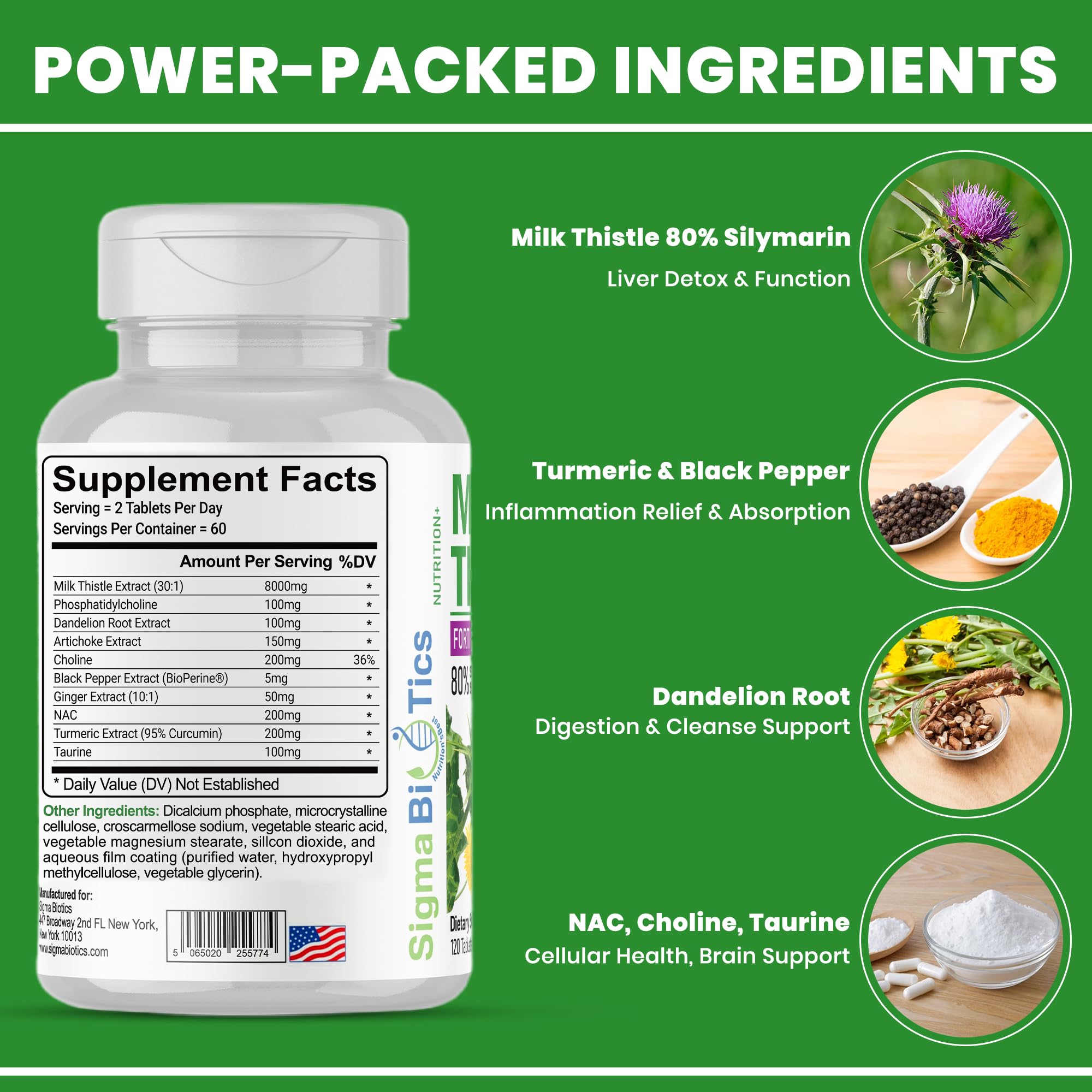 SigmaBiotics Milk Thistle label details emphasize 80% silymarin potency.