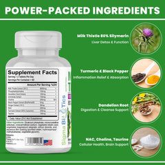 SigmaBiotics Milk Thistle label details emphasize 80% silymarin potency.