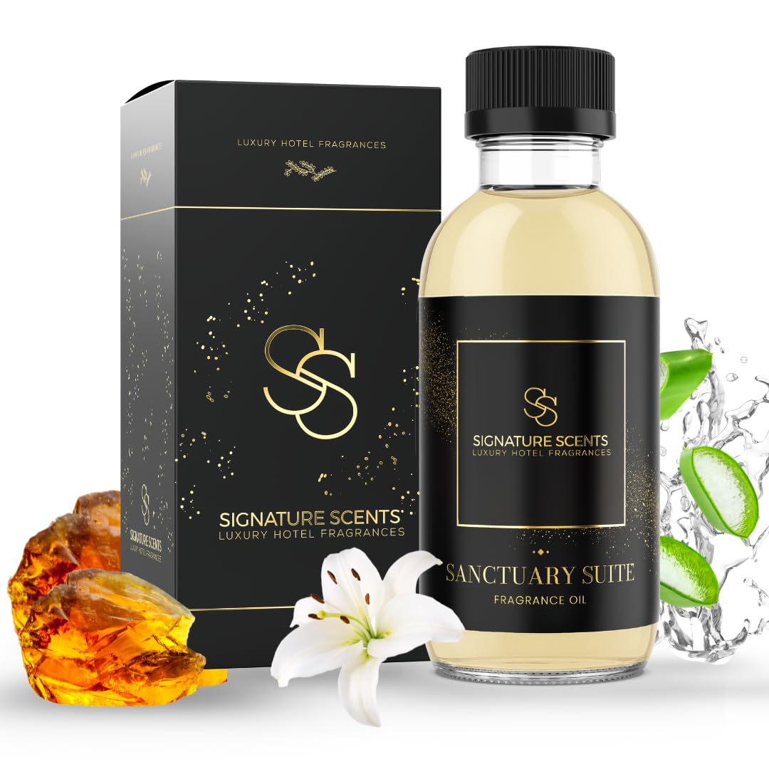 Signature Scents Sanctuary Suite bottle pour for calming hotel-inspired home ambiance.