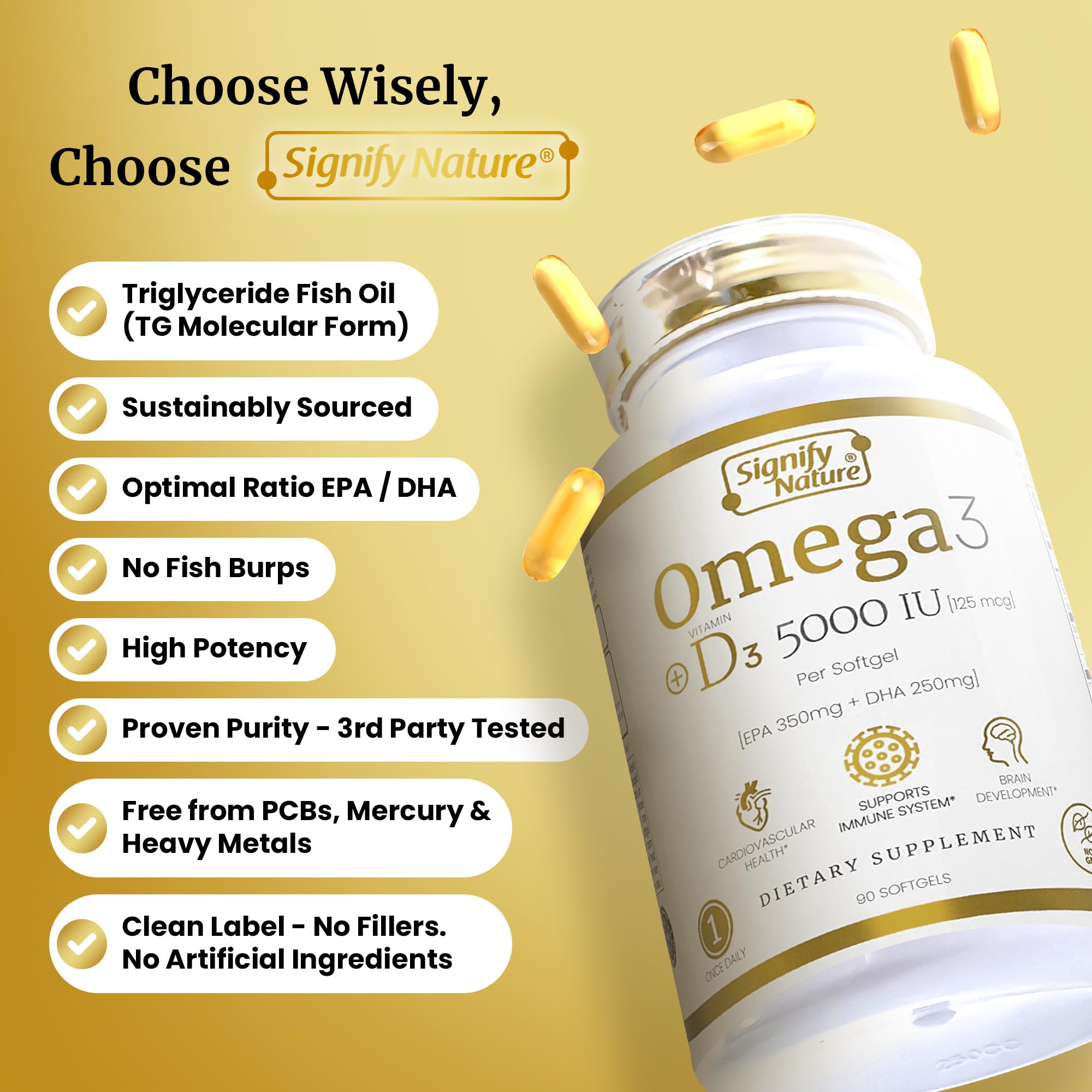 SIGNIFY NATURE Omega-3 bottle with D3 seal emphasizes vitamin boost