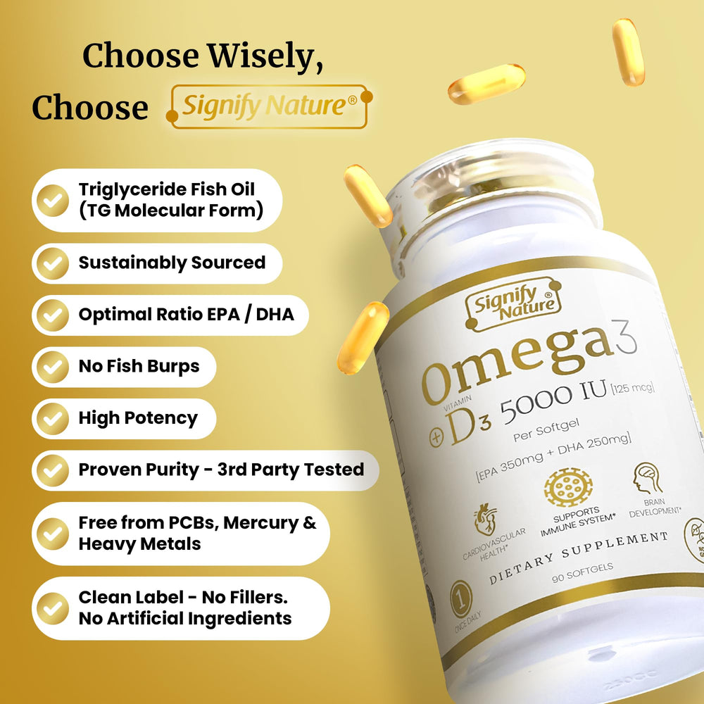 SIGNIFY NATURE Omega-3 bottle with D3 seal emphasizes vitamin boost