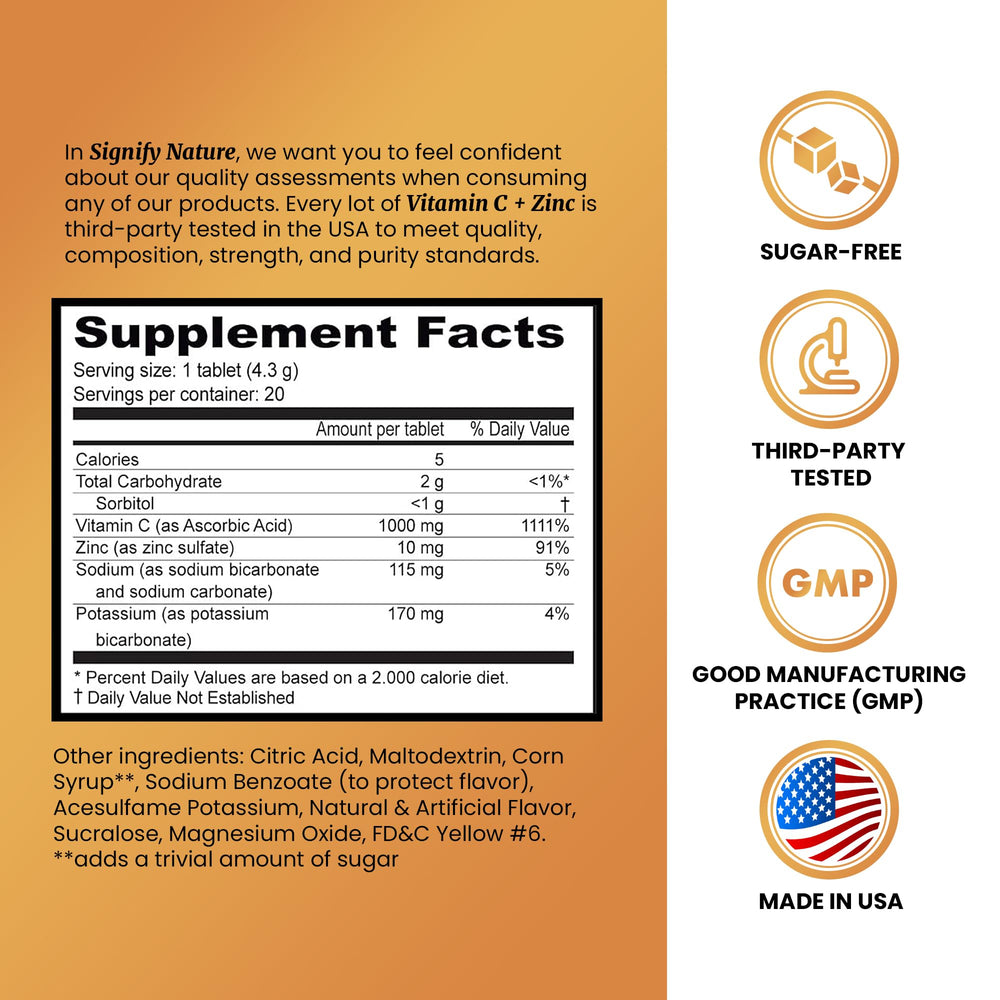SIGNIFY NATURE Vitamin C 1000mg effervescent tablets dissolving in water for a fizzy drink.