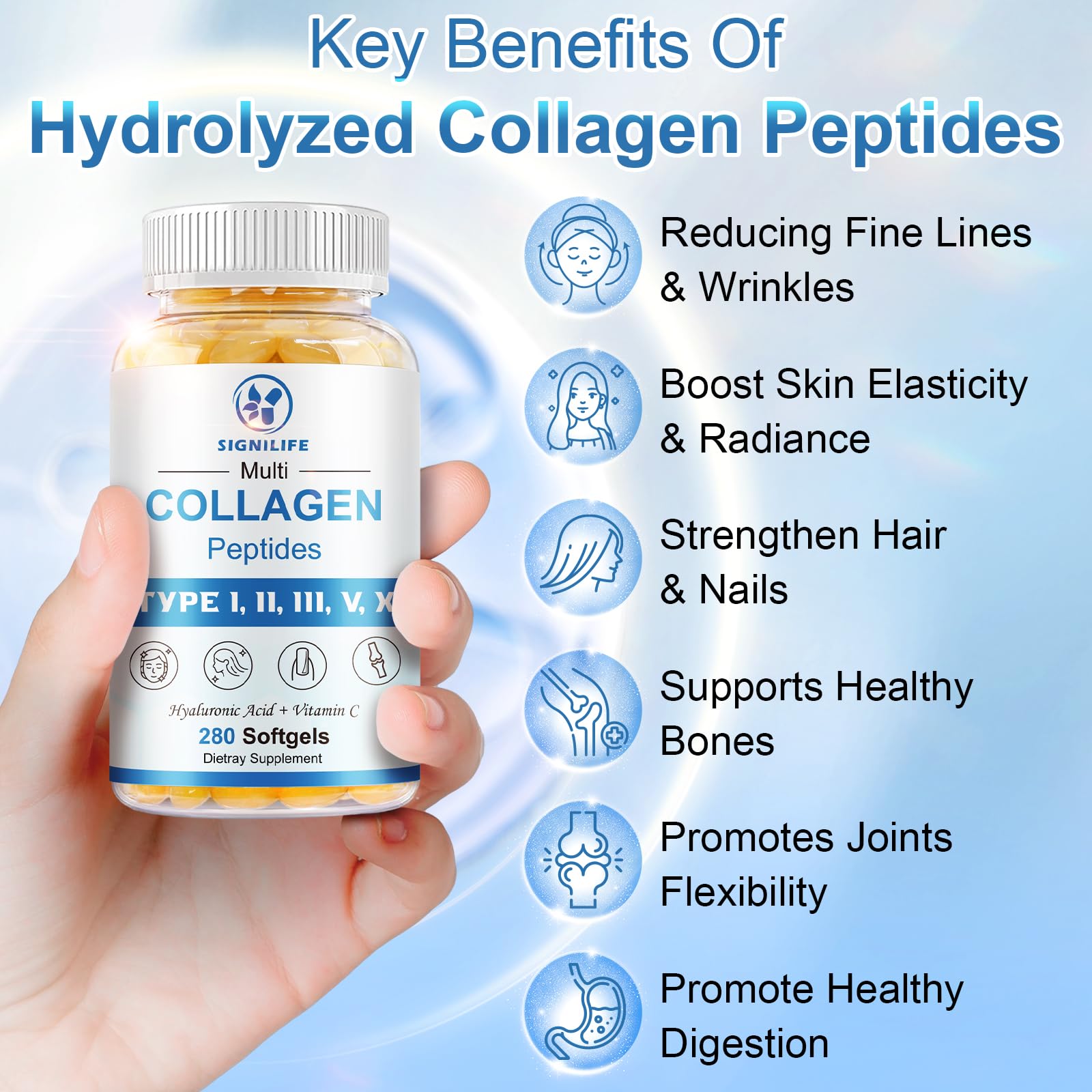 SIGNILIFE hyaluronic acid vitamin C blend packaging highlights hydration.
