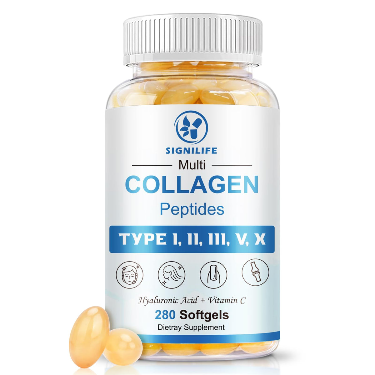 SIGNILIFE multi collagen softgels bottle front showing daily skin and hair support