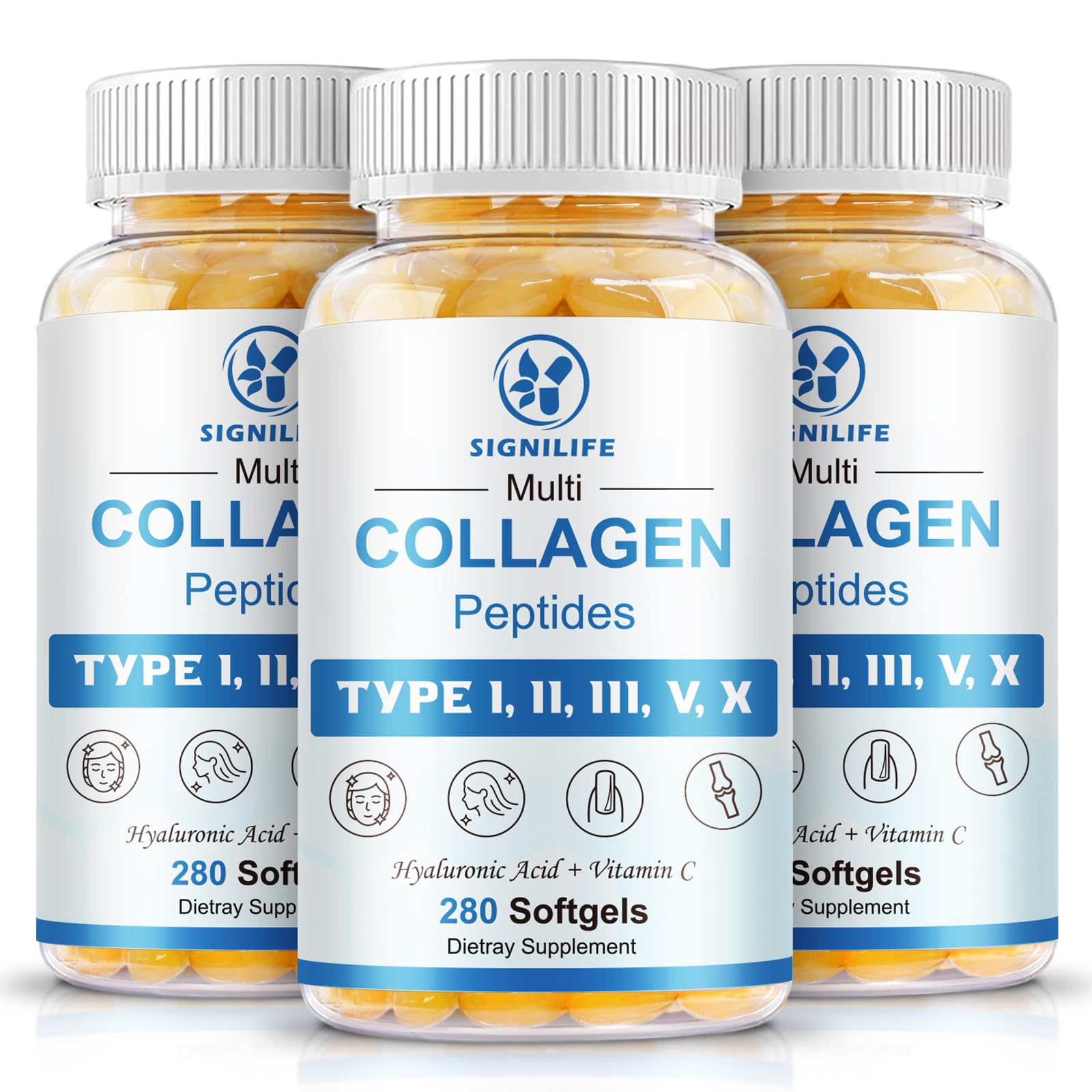 SIGNILIFE multi-collagen softgels bottle supports daily beauty and hydration.