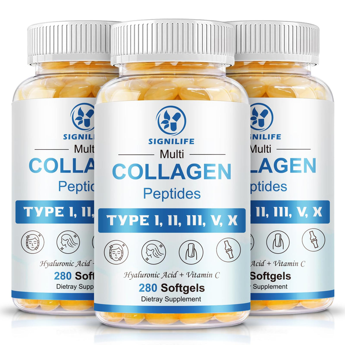SIGNILIFE multi-collagen softgels bottle supports daily beauty and hydration.
