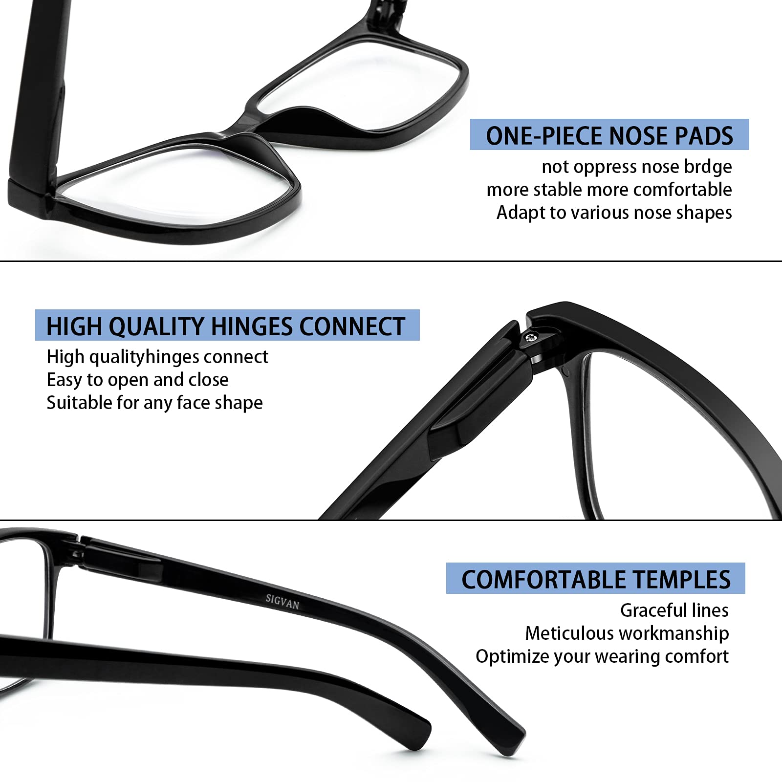 SIGVAN blue light blocking reading glasses, square frame, temple detail for durability during use.