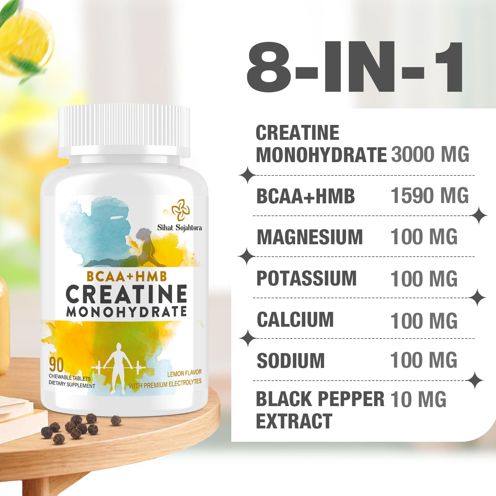 Sihat Sejahtera label close-up highlighting creatine, BCAA and HMB blend.