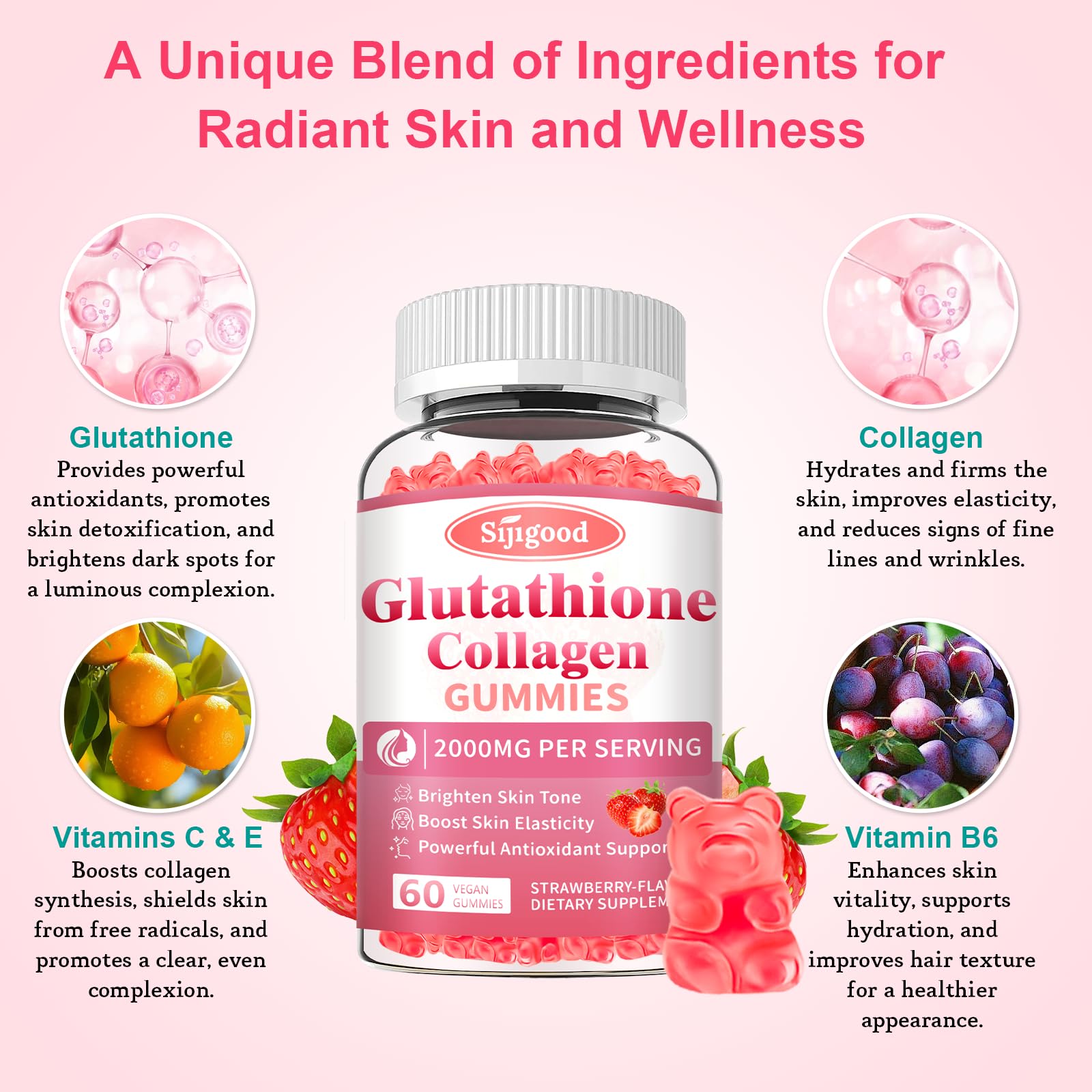 Sijigood Glutathione Collagen Gummies ingredients feature vitamins C and E.