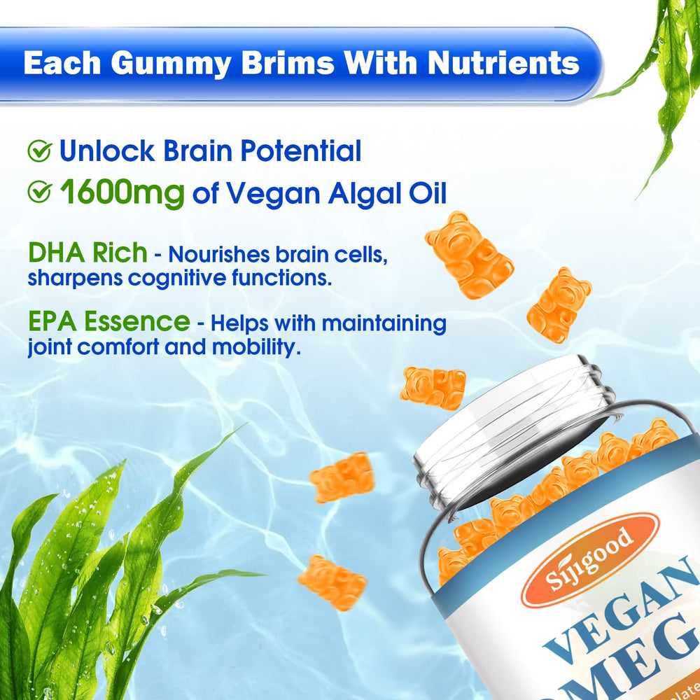 Sijigood Omega-3 Gummies orange-flavor closeup — tasty vegan omega source for everyday wellness.