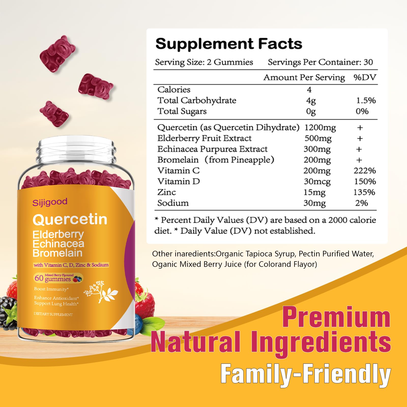 Sijigood Quercetin Gummies serving-size image emphasizes clear daily dosing.