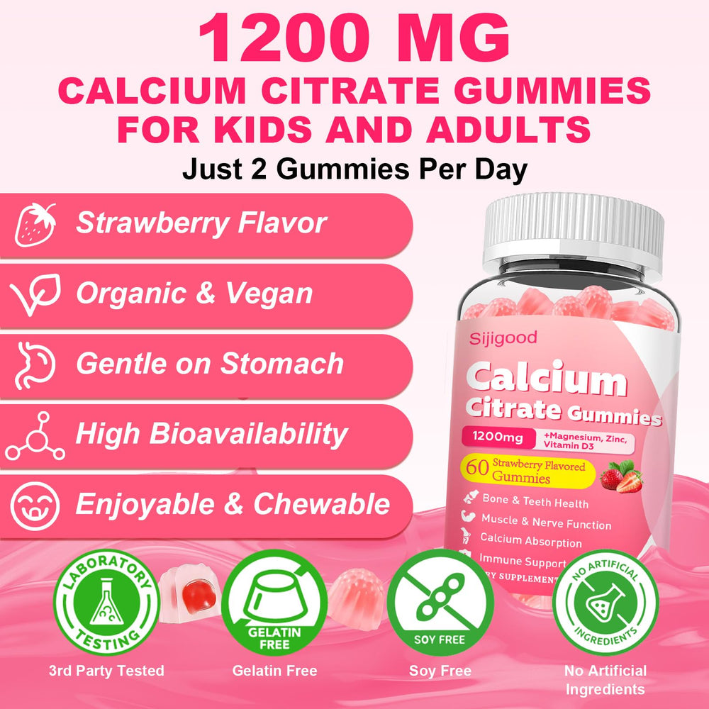 Sijigood strawberry-flavored gummies close-up for enjoyable daily calcium.