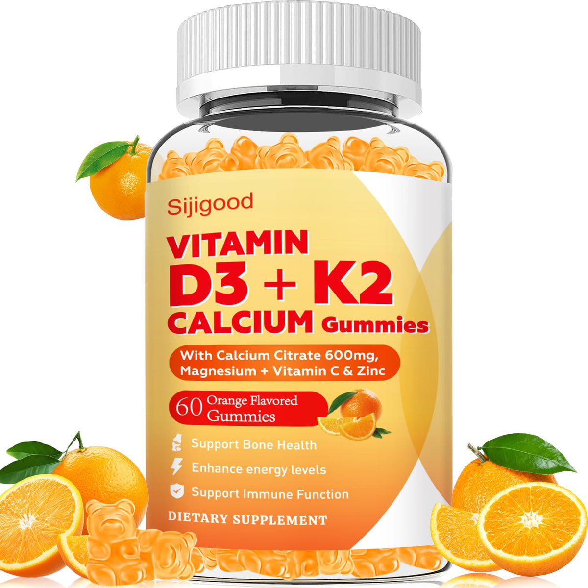 Sijigood Vitamin D3 K2 Gummies bottle closeup highlighting bone support and daily wellness.