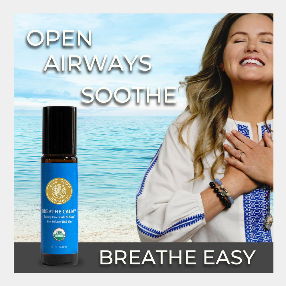 Silk Road Organic Breathe Calm ingredients label shows USDA organic sourced oils.