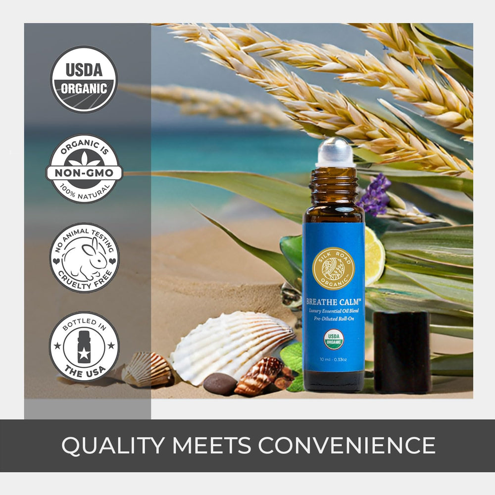 Silk Road Organic Breathe Calm label close-up highlights nine essential oils.